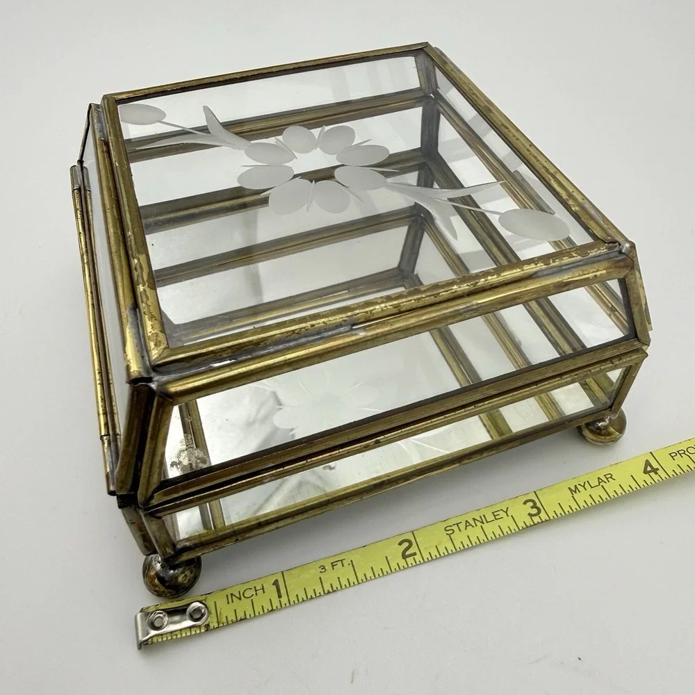 Mirrored Glass Jewelry Box Brass Trinket Etched Flower Lid Storage Display 4x4x2